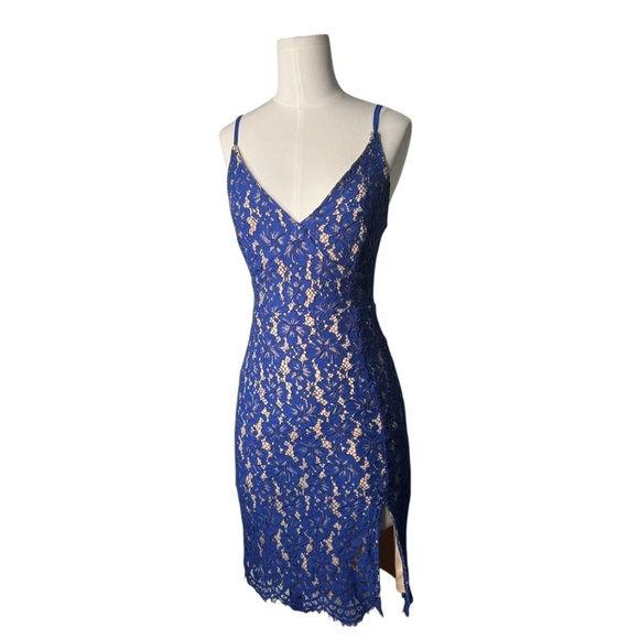 Lulu's Blue Tan Slip Mini Dress - Shes a Knockout Cobalt Blue  Lace Dress in XS - Picture 5 of 9
